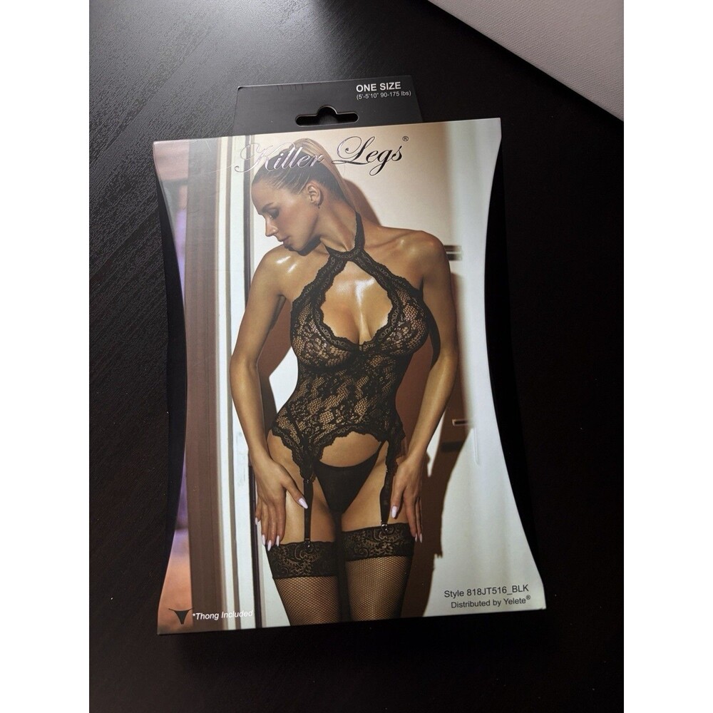 Killer Legs NEW Black Lace Bodystocking Garter Stockings Thong Lingerie One Size